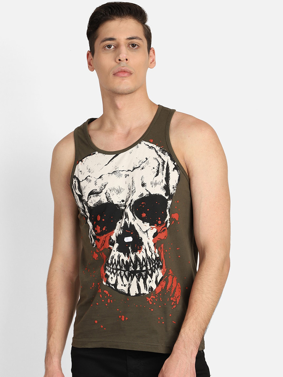 

PUNK Men Olive Green Printed Round Neck T-shirt