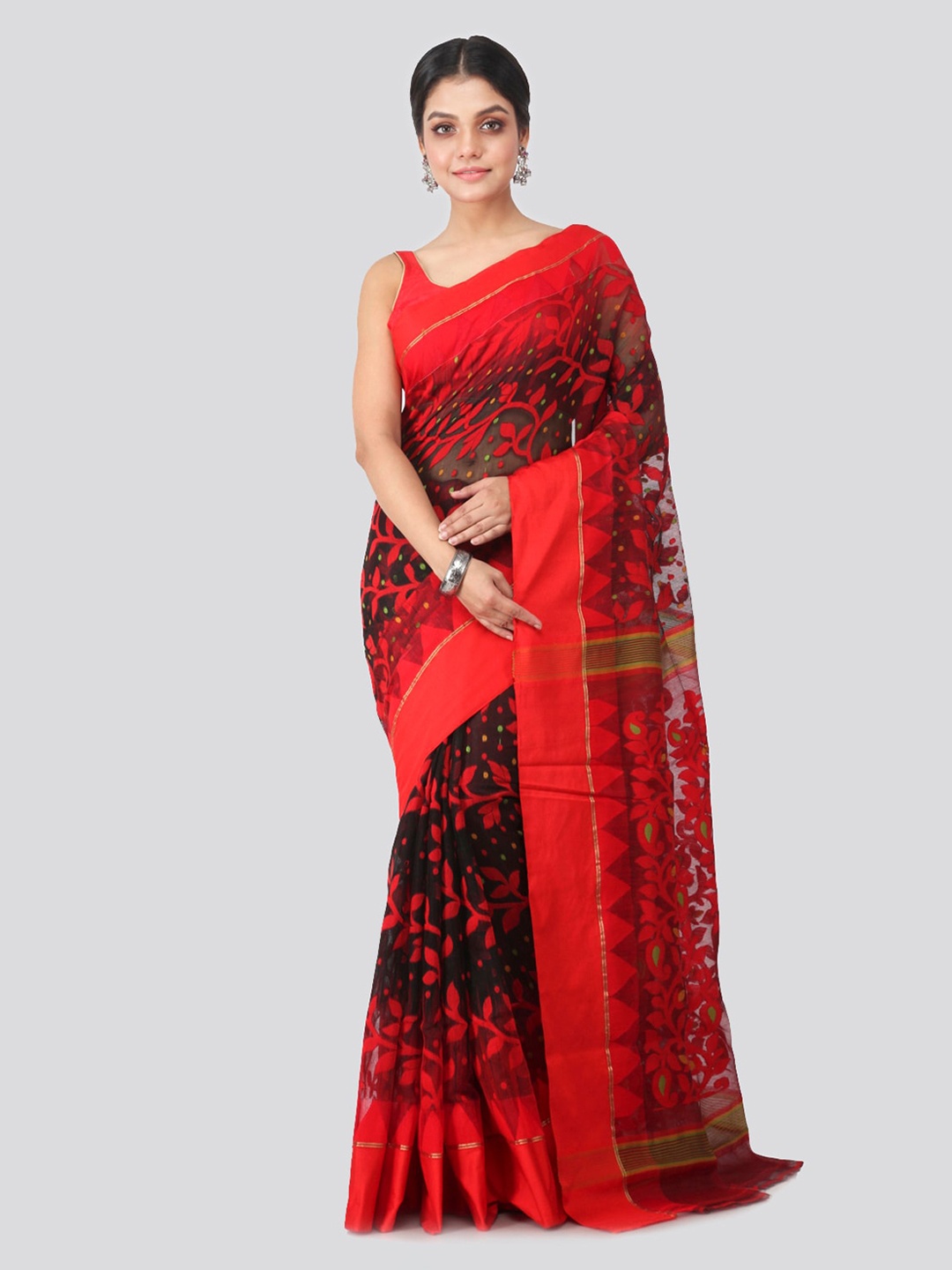 

PinkLoom Red Pure Cotton Woven Design Handloom Jamdani Sustainable Saree