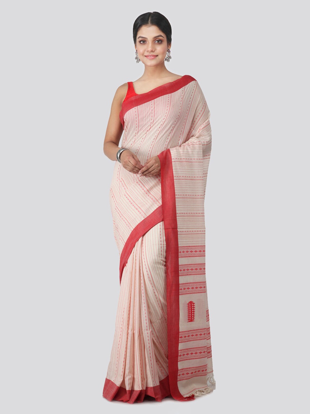 

PinkLoom Beige & Red Pure Cotton Woven Design Handloom Sustainable Saree