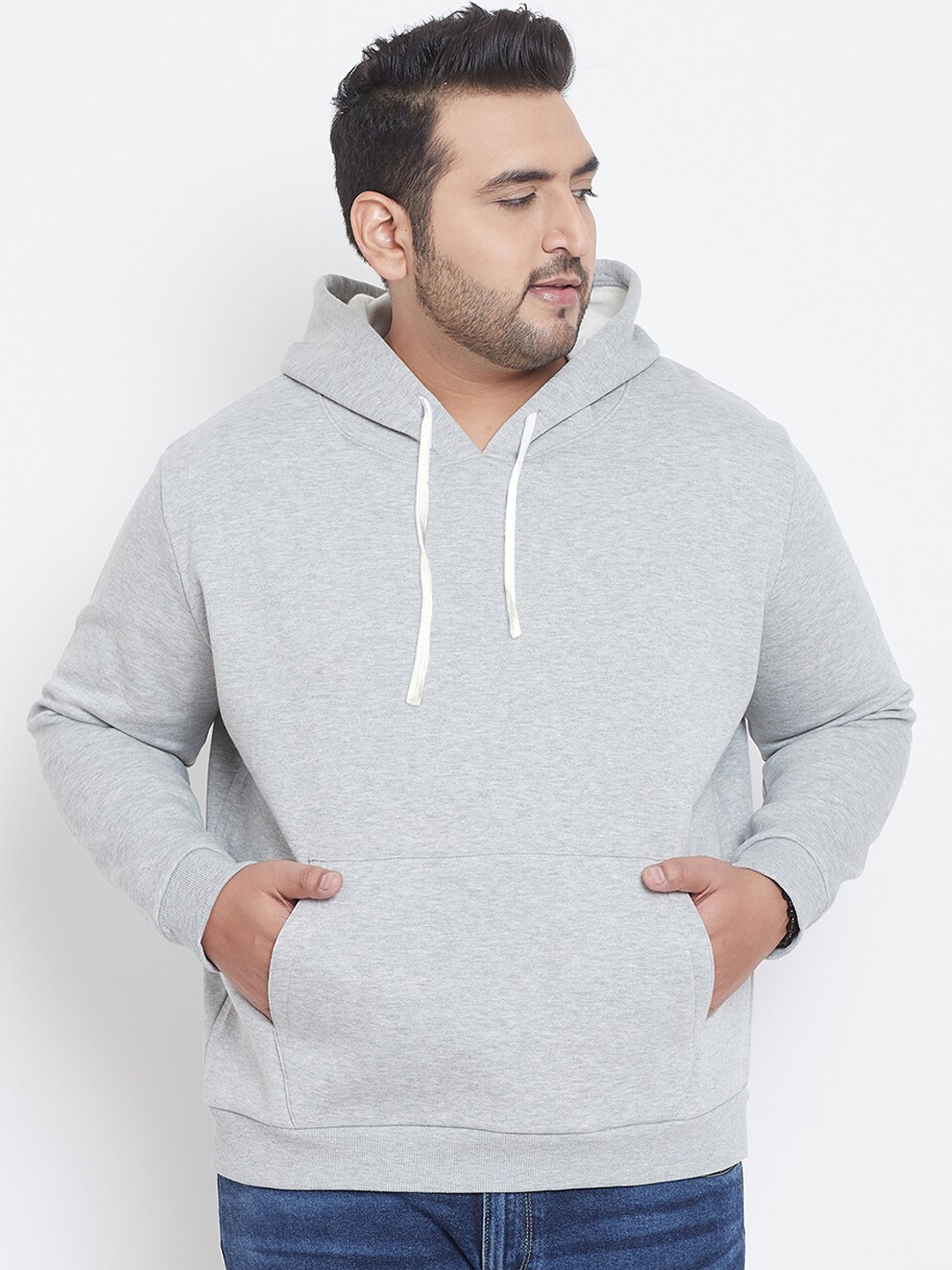 

Instafab Plus Men Grey Melange Solid Hooded Sweatshirt