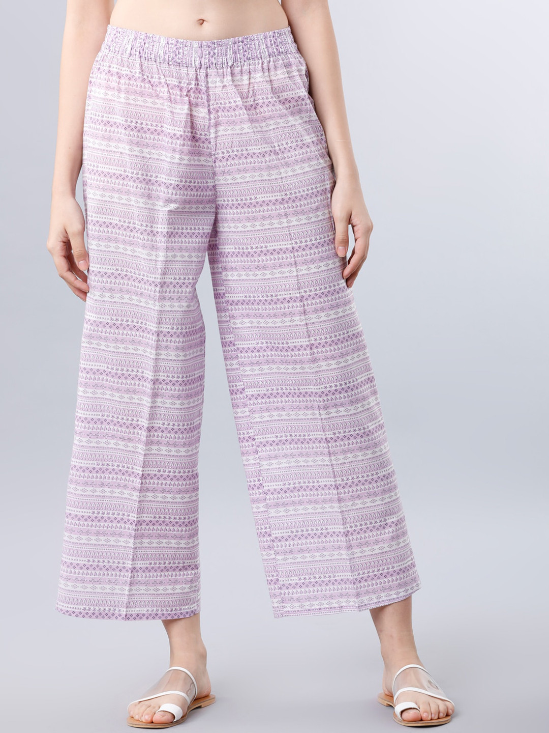 

Vishudh Women Pink & Off-White Checked Straight Palazzos