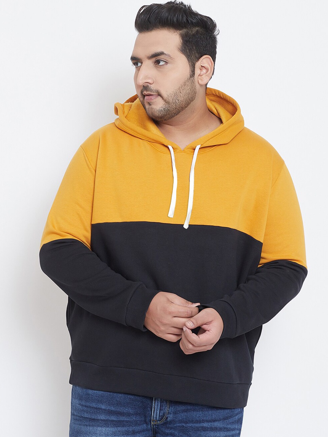 

Instafab Plus Men Mustard Yellow & Black Colourblocked Hooded Sweatshirt
