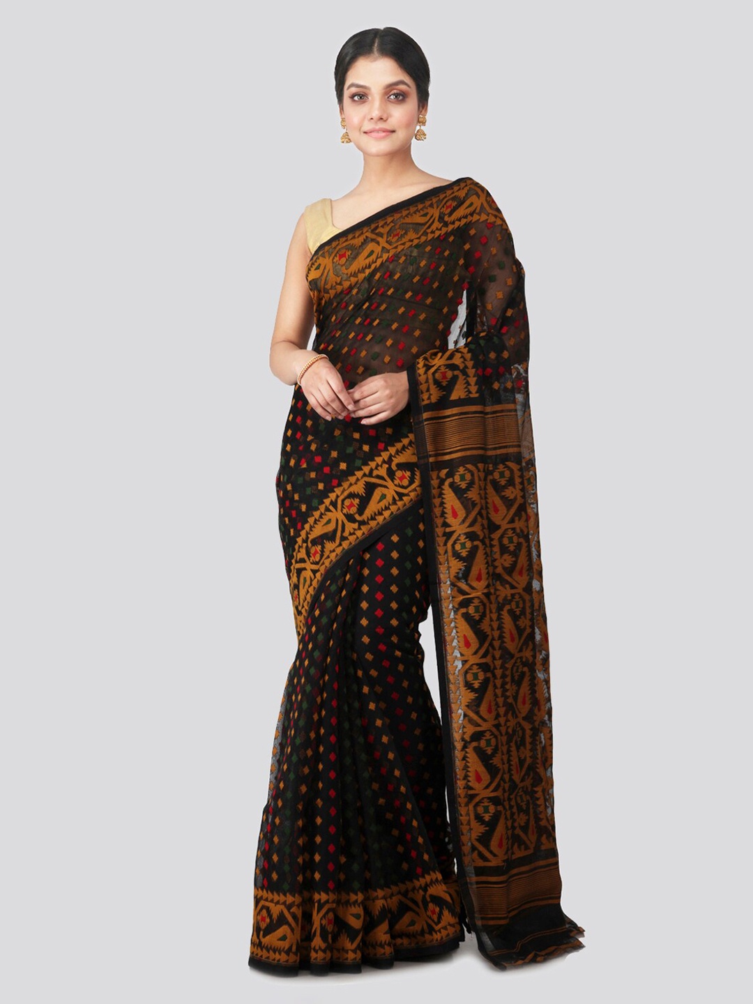 

PinkLoom Black & Yellow Pure Cotton Woven Design Jamdani Sustainable Saree