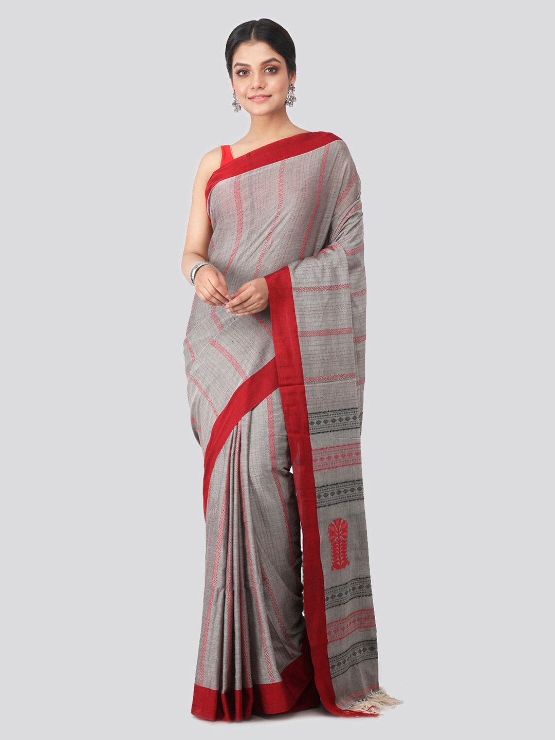 

PinkLoom Grey & Red Pure Cotton Striped Handloom Saree