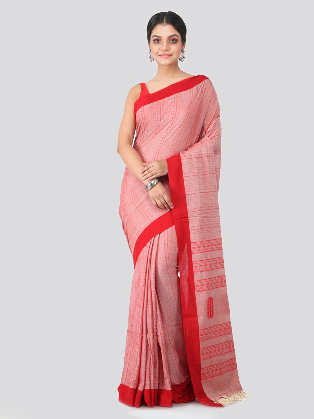 

PinkLoom Red & White Pure Cotton Woven Design Handloom Saree