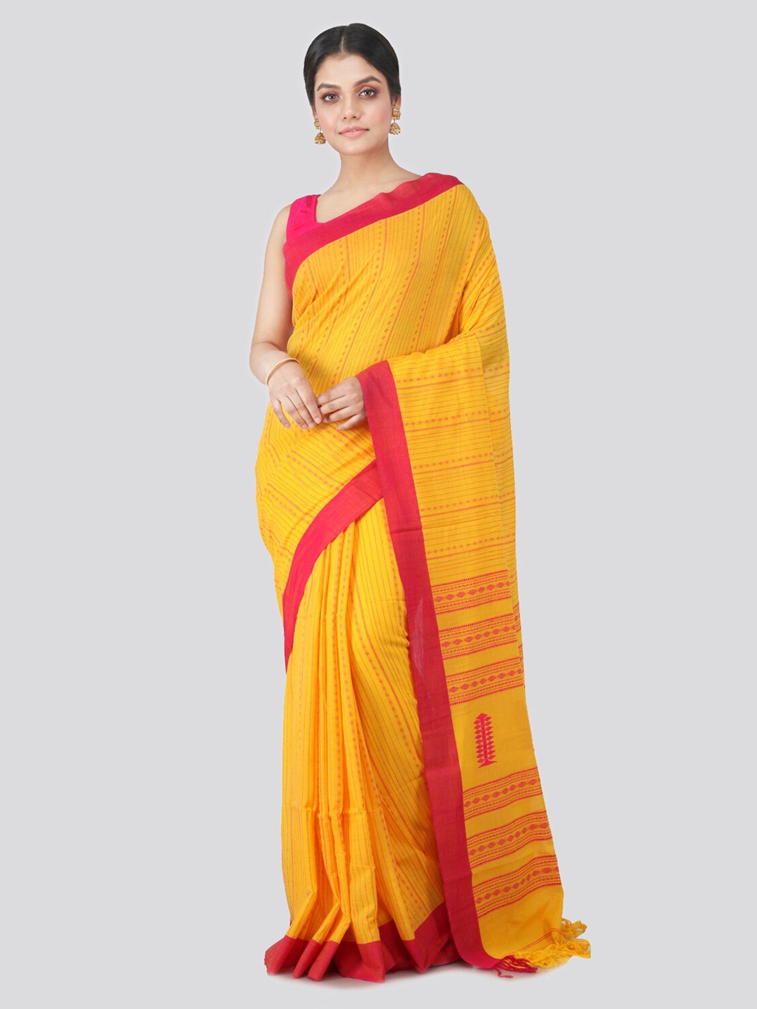 

PinkLoom Yellow & Red Pure Cotton Striped Handloom Sustainable Saree
