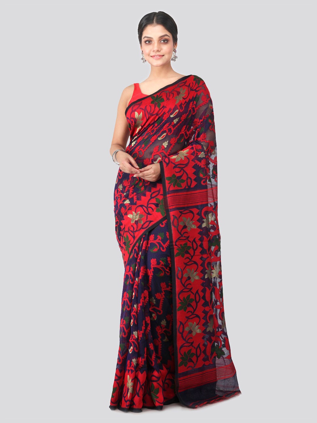 

PinkLoom Blue & Red Pure Cotton Woven Design Jamdani Sustainable Saree
