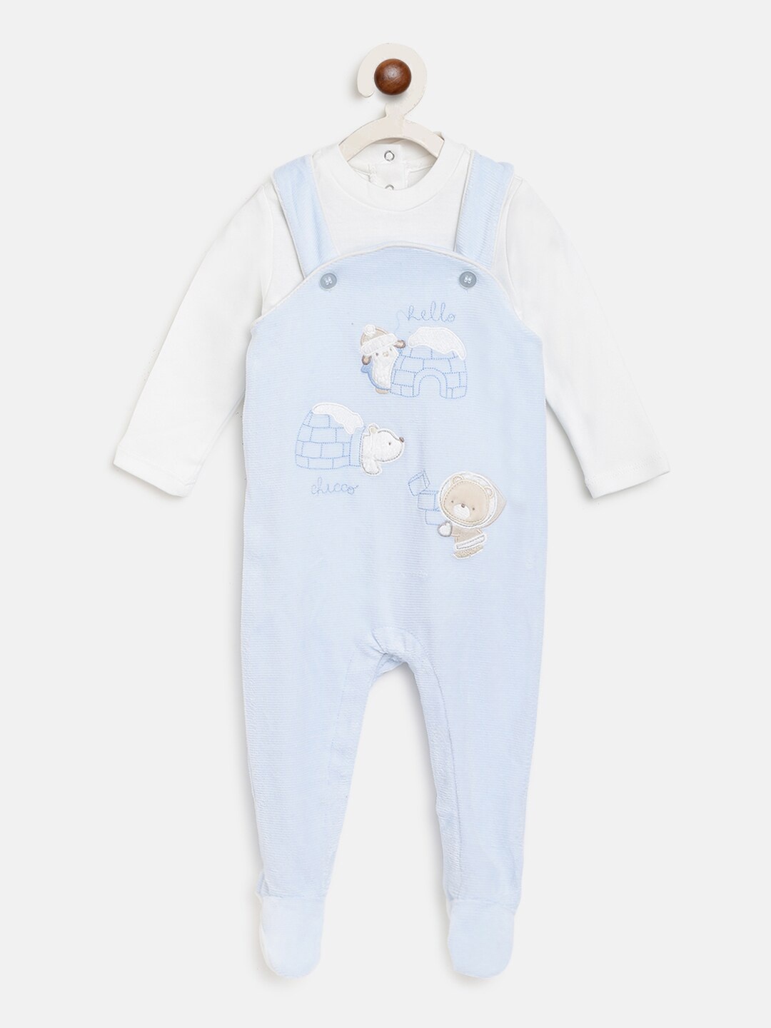 

Chicco Infant Boys Blue & White Printed Bodysuit with Rompers