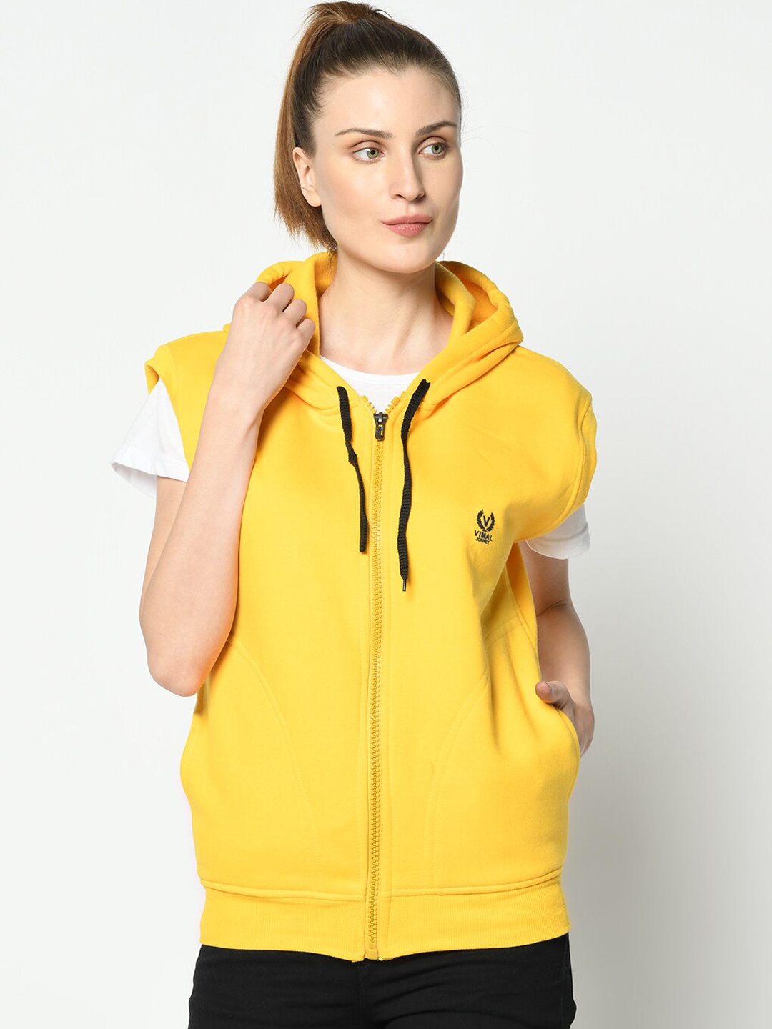 

VIMAL JONNEY Women Yellow Solid Hooded Sweatshirt