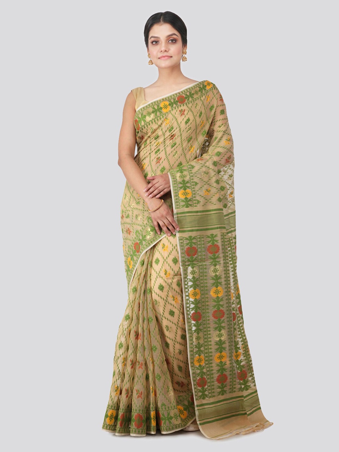 

PinkLoom Beige & Green Pure Cotton Woven Design Jamdani Saree