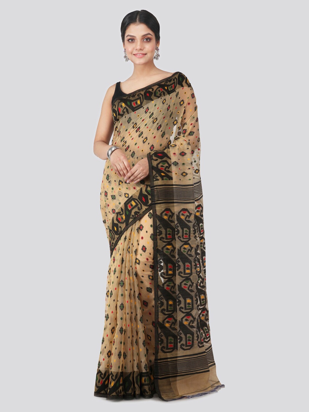 

PinkLoom Beige & Black Pure Cotton Woven Design Handloom Jamdani Sustainable Saree