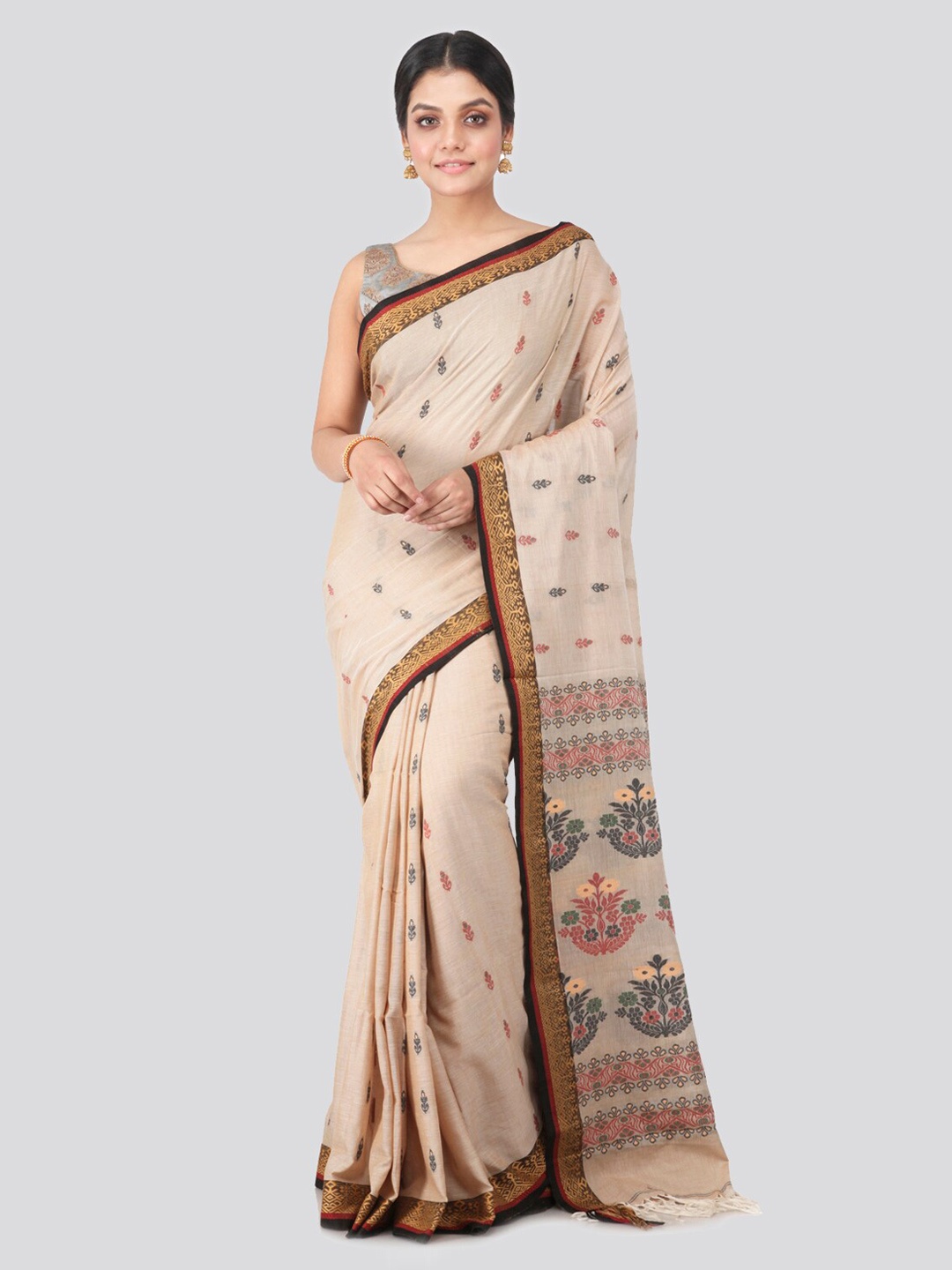 PinkLoom Beige Pure Cotton Woven Design Handloom Sustainable Saree
