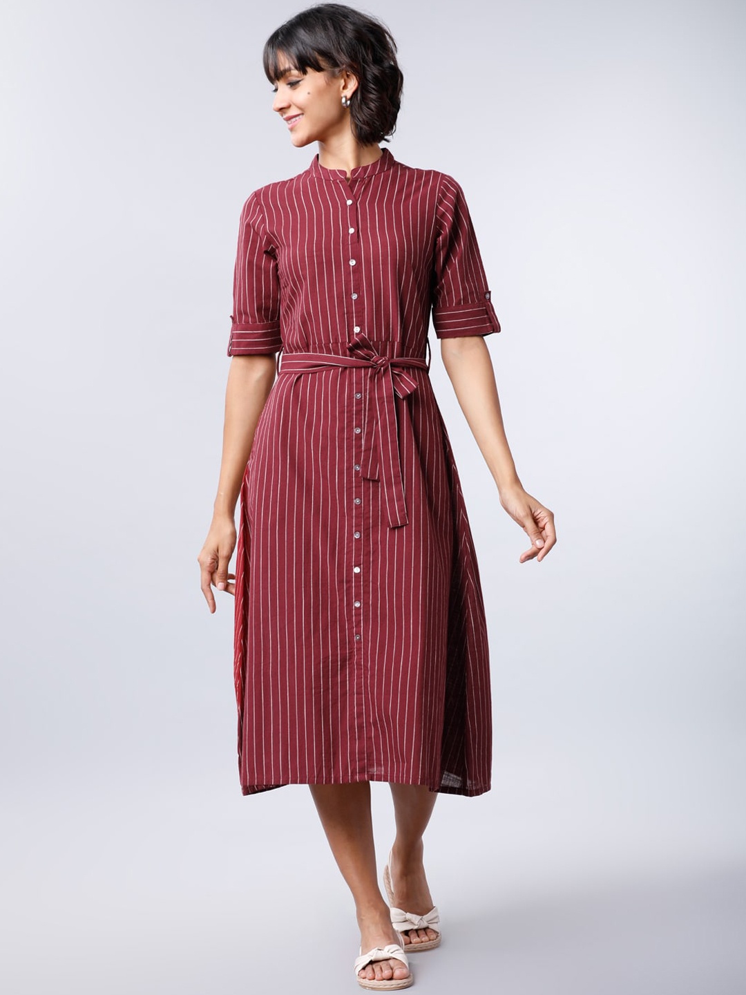 

Vishudh Women Maroon Striped Shirt Dress
