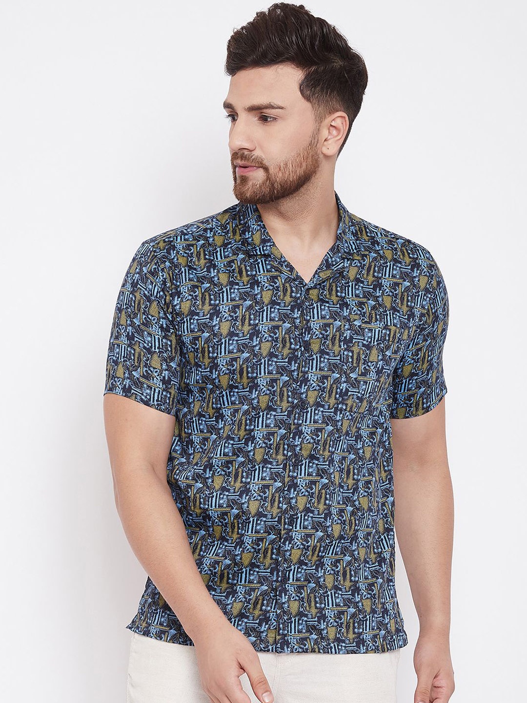 even Men Navy Blue & Beige Slim Fit Printed Casual Shirt