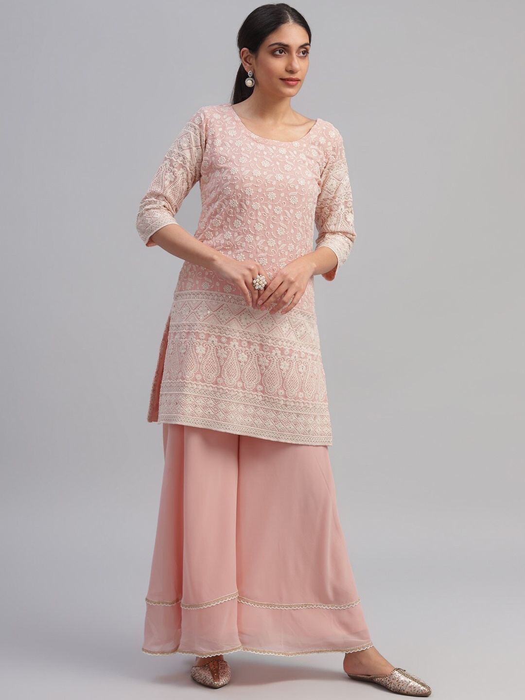 

Libas Women Pink Embroidered Kurti with Sharara & Dupatta