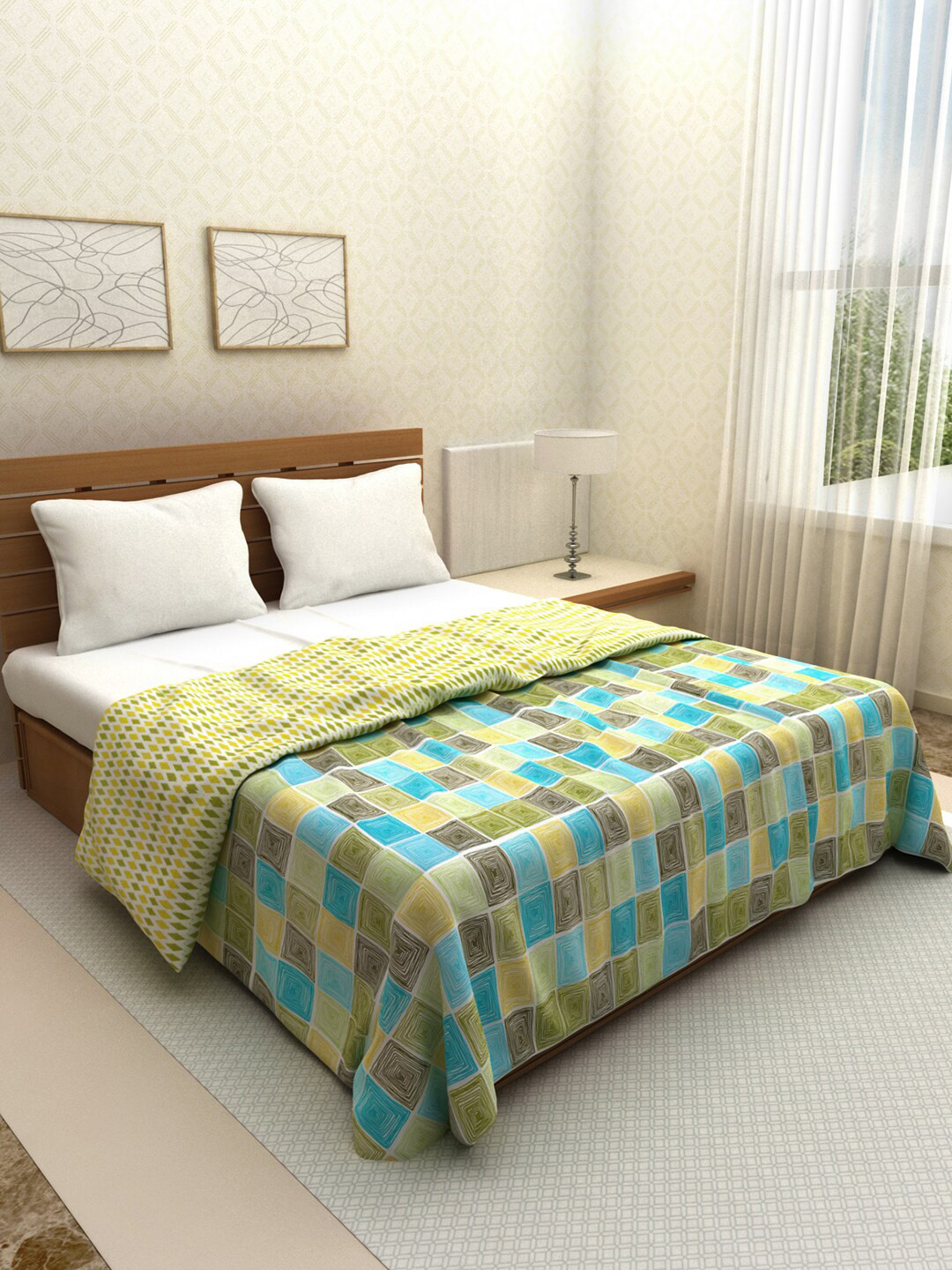 

ROMEE Green & Yellow Checked AC Room 210 GSM Double Bed Comforter