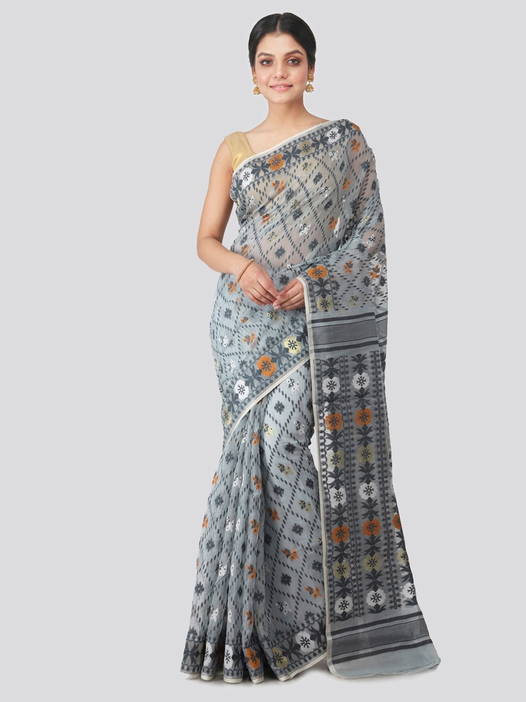 

PinkLoom Grey Pure Cotton Woven Design Handloom Jamdani Saree