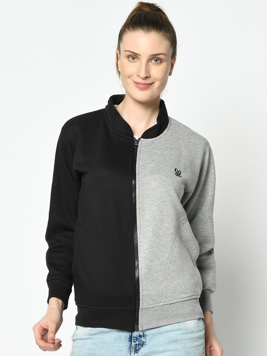 

VIMAL JONNEY Women Black & Grey Melange Colourblocked Sweatshirt