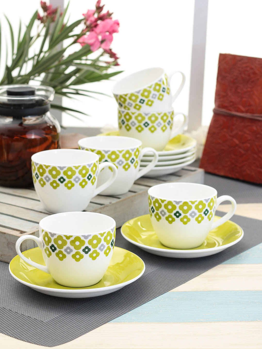 

CLAY CRAFT Set Of 6 Green & Off-White Printed Ceramic Cups and Saucers Set