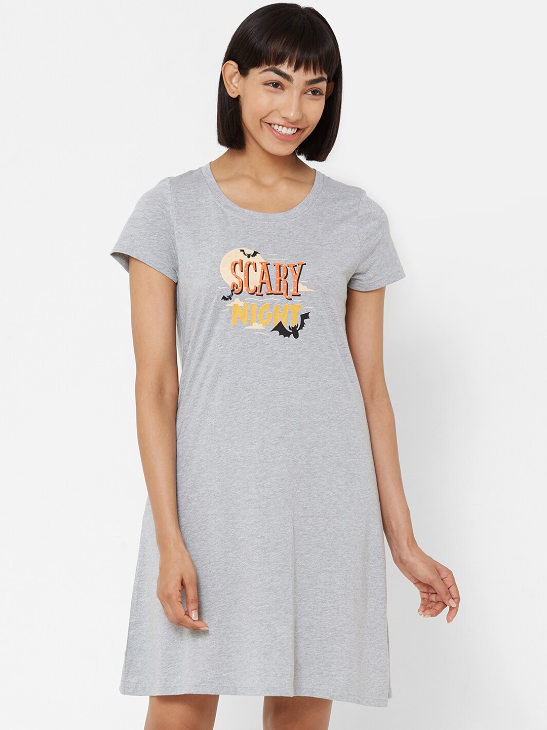 

Soie Women Grey-Melange & Orange Printed Sleep Shirt