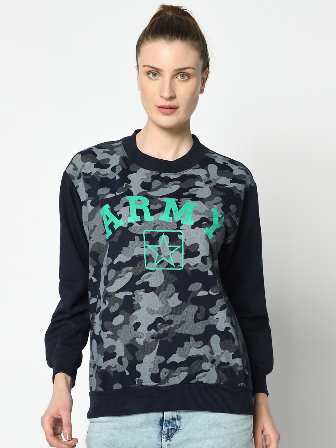 

VIMAL JONNEY Women Navy Blue & Grey Camouflage Print Sweatshirt