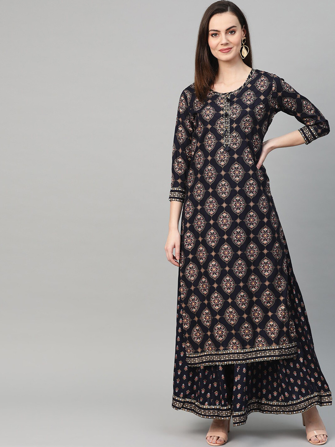 

Ishin Women Navy Blue Printed Kurta with Sharara
