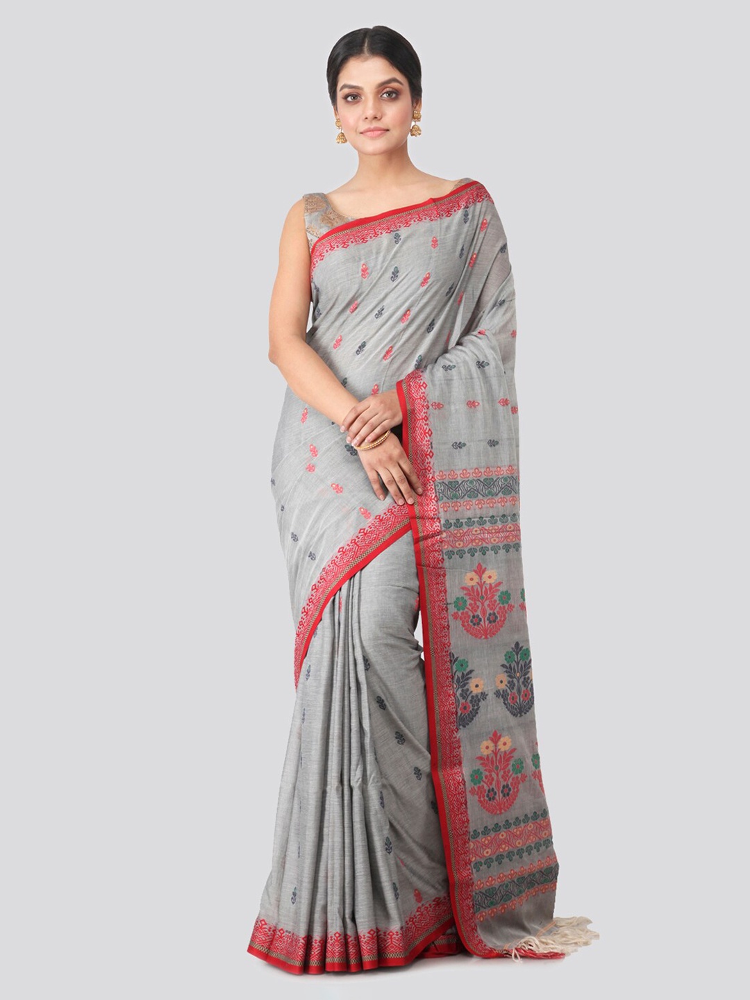 

PinkLoom Grey Pure Cotton Woven Design Handloom Sustainable Saree
