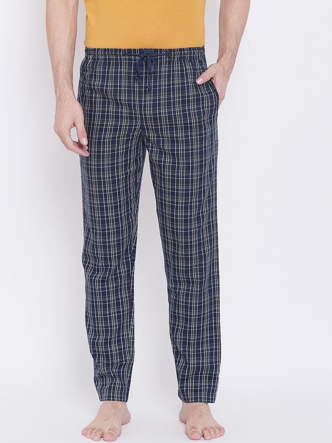 

Crimsoune Club Men Olive Navy Blue & White Checked Lounge Pants