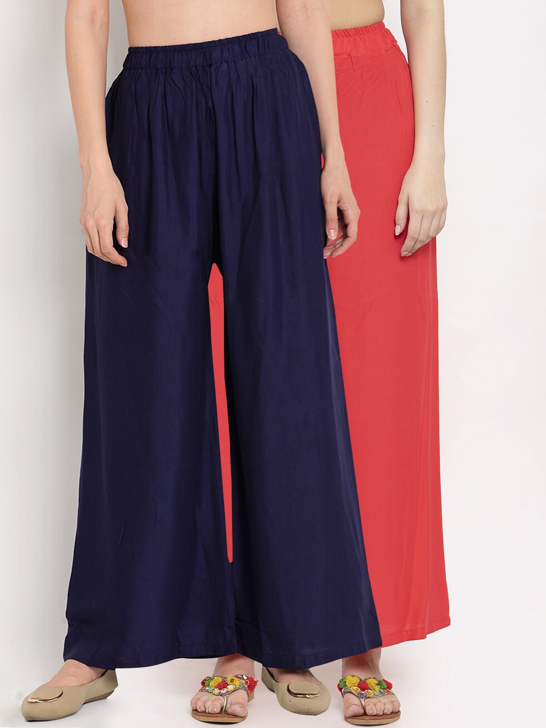

TAG 7 Women Coral & Navy Blue Solid Wide Leg Palazzos
