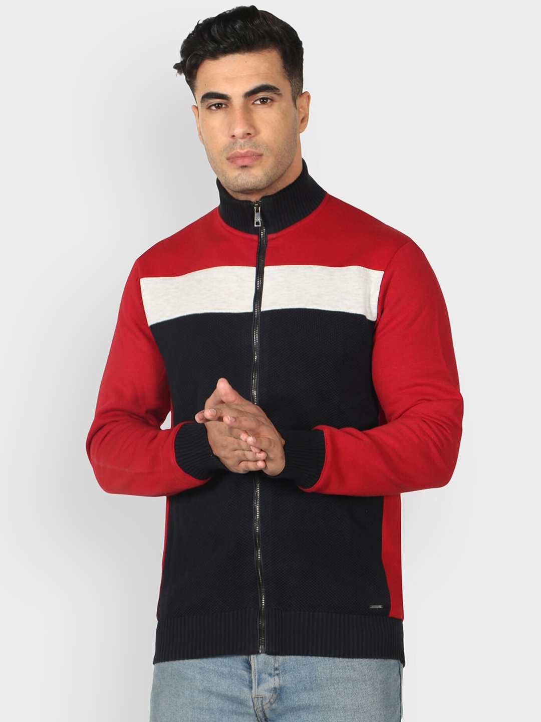 

Octave Men Navy Blue Colourblocked Cardigan Sweater