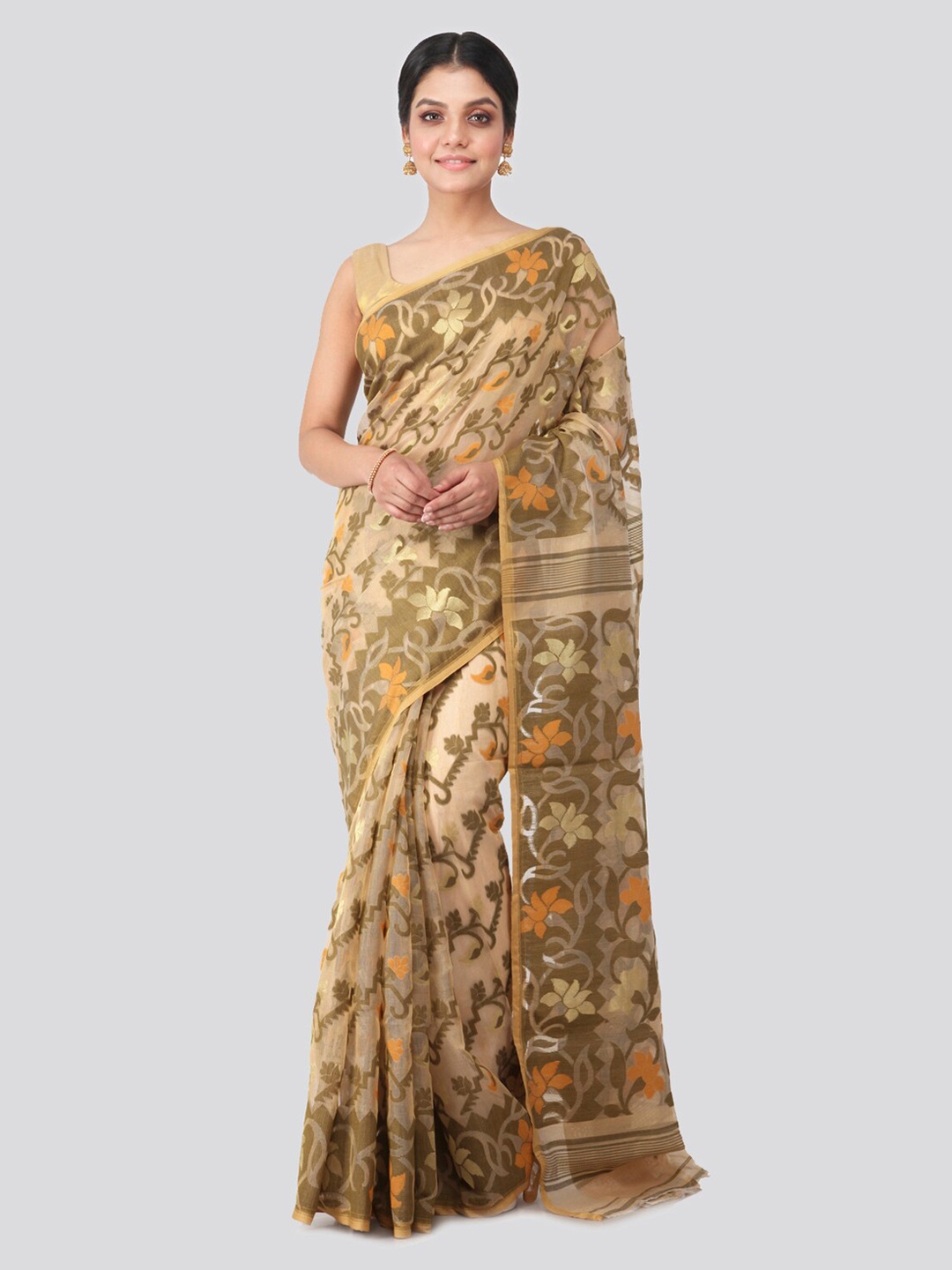 PinkLoom Beige Pure Cotton Woven Design Handloom Jamdani Sustainable Saree