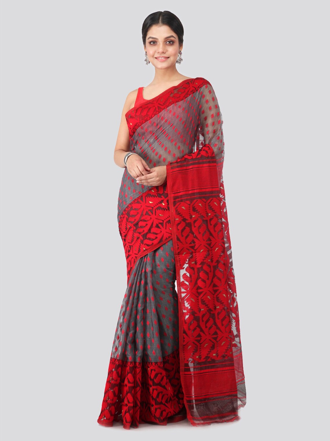 

PinkLoom Grey & Red Pure Cotton Woven Design Jamdani Sustainable Saree