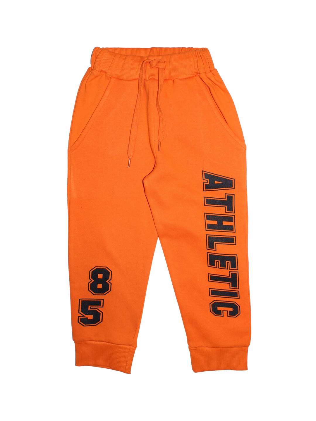 

KiddoPanti Boys Orange & Black Sporty Athletic Printed Straight-Fit Joggers