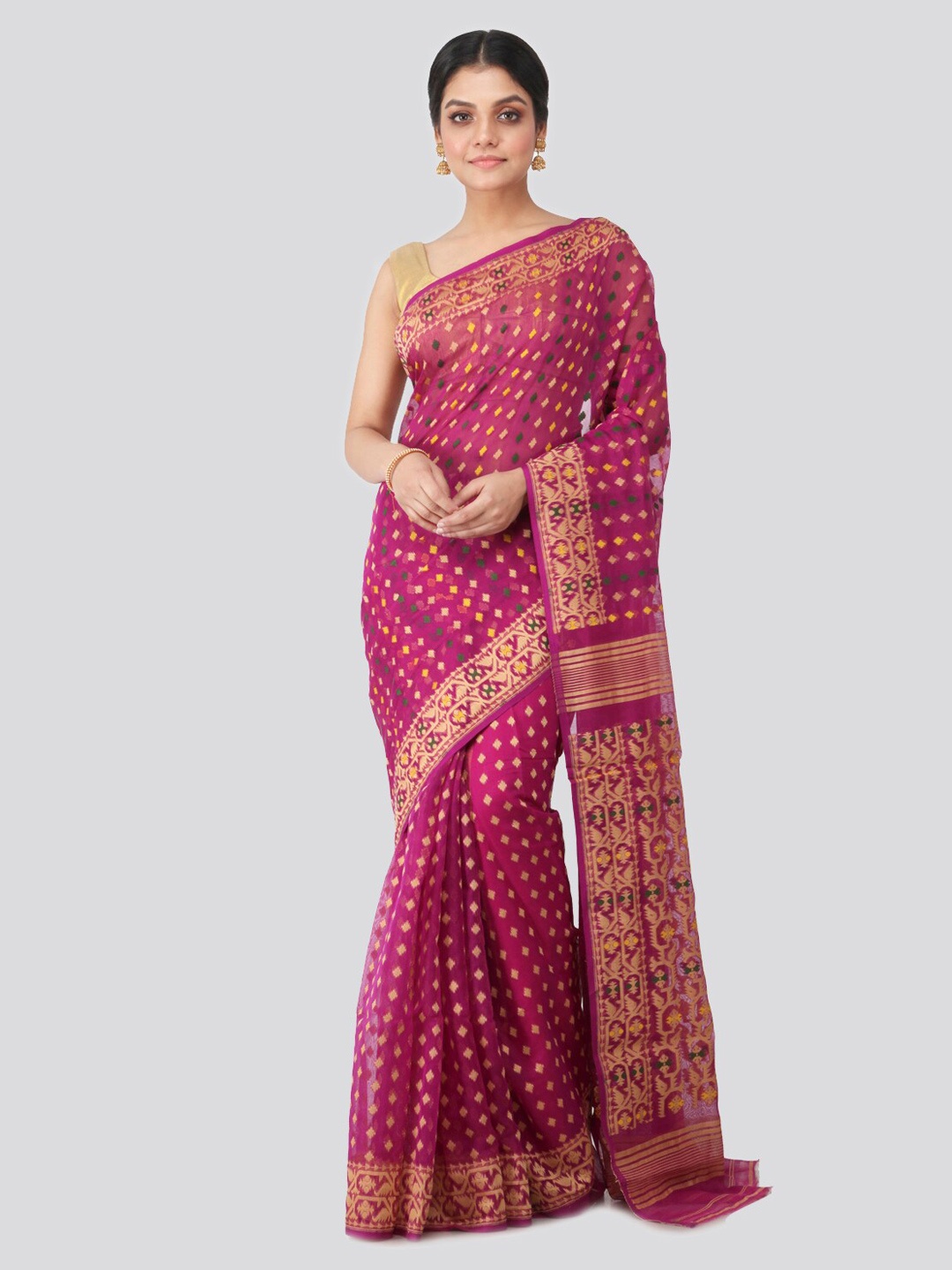

PinkLoom Purple Pure Cotton Woven Design Handloom Jamdani Sustainable Saree