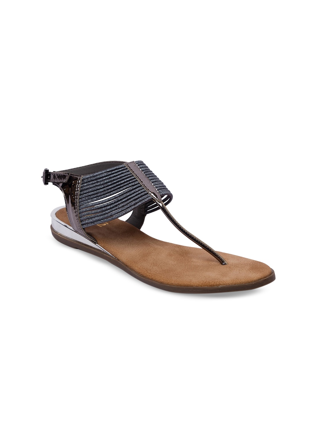 

Inc 5 Women Grey Striped T-Strap Flats
