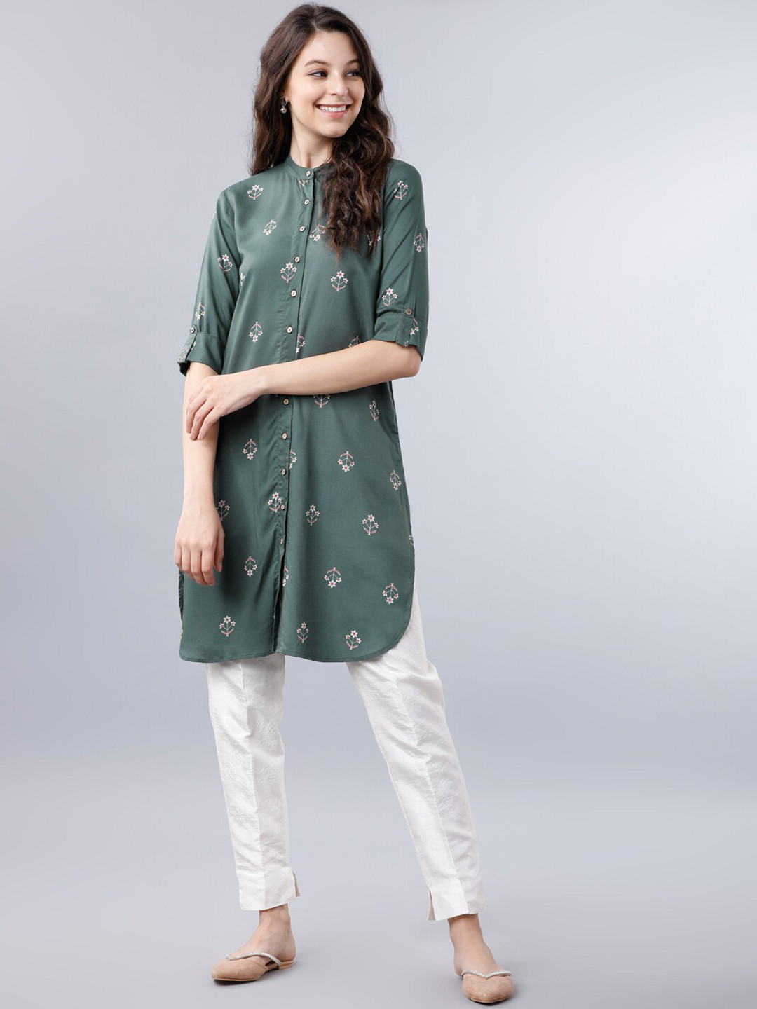 

Vishudh Women's Olive Green & Beige Printed Tunic