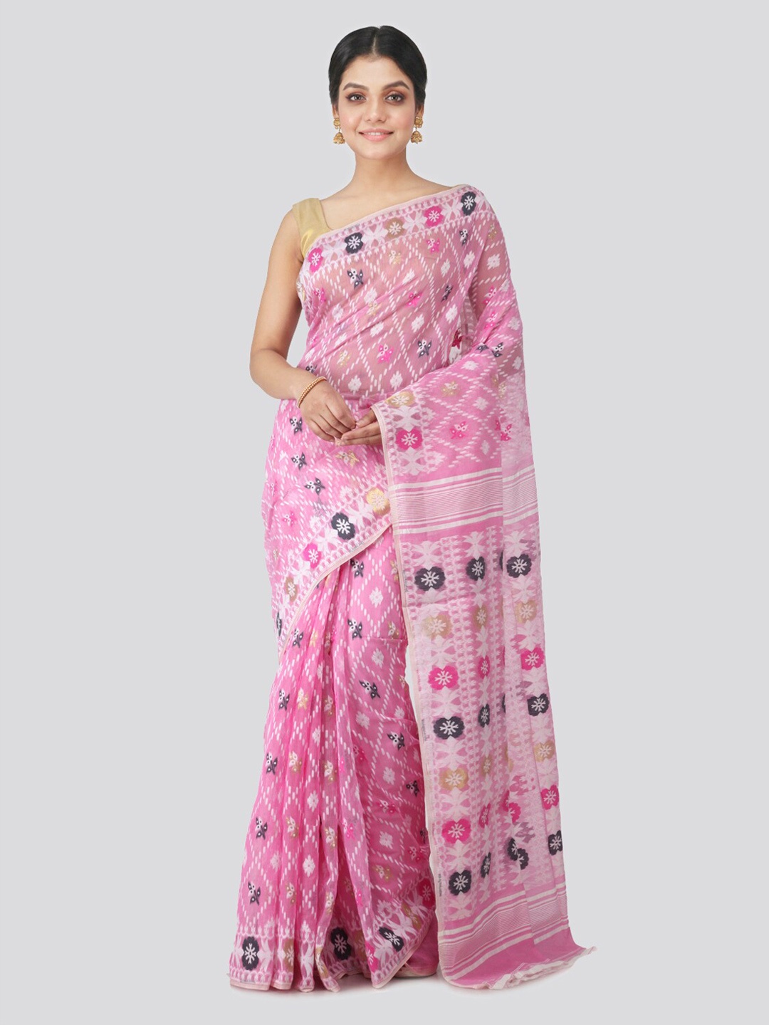 

PinkLoom Pink Pure Cotton Woven Design Handloom Jamdani Sustainable Saree