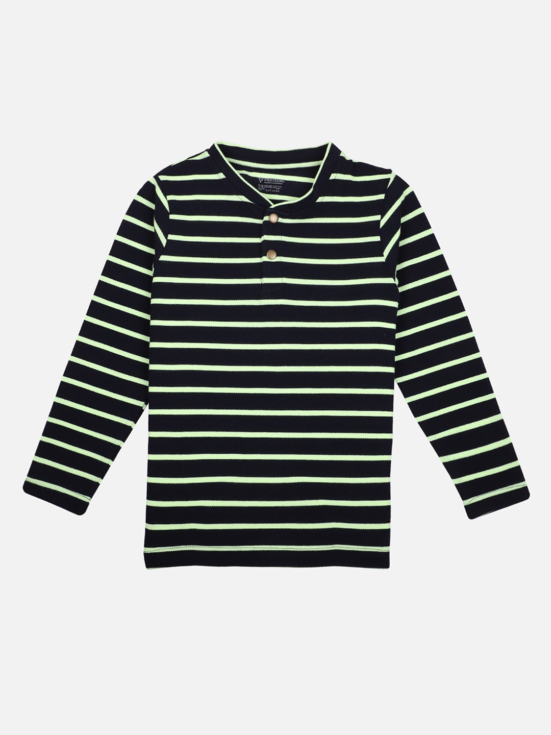

PROTEENS Boys Navy Blue & Green Striped Henley Neck T-shirt