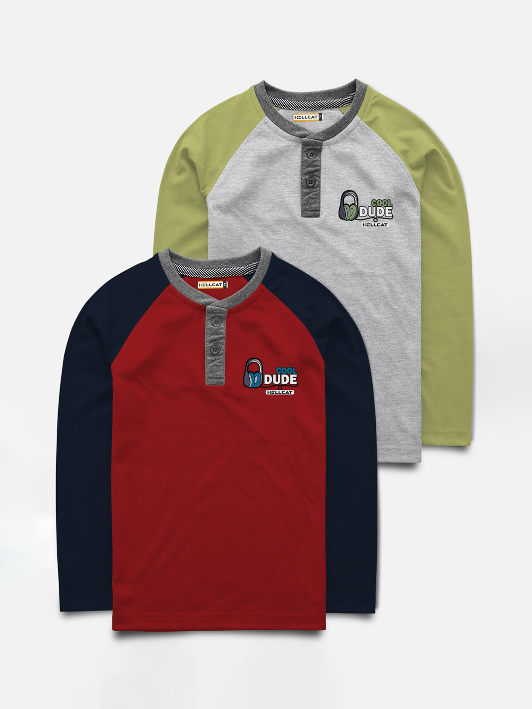

HELLCAT Boys Pack Of 2 Colourblocked Henley Neck T-shirt, Grey