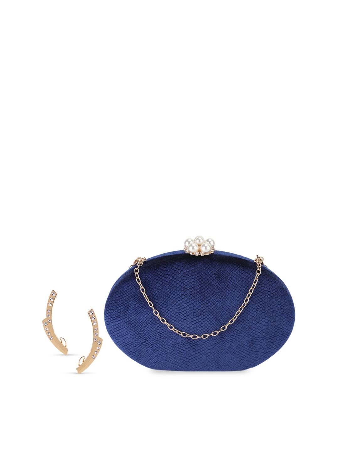 

Kazo Women Blue & Silver-Toned Box Clutch with Earrings