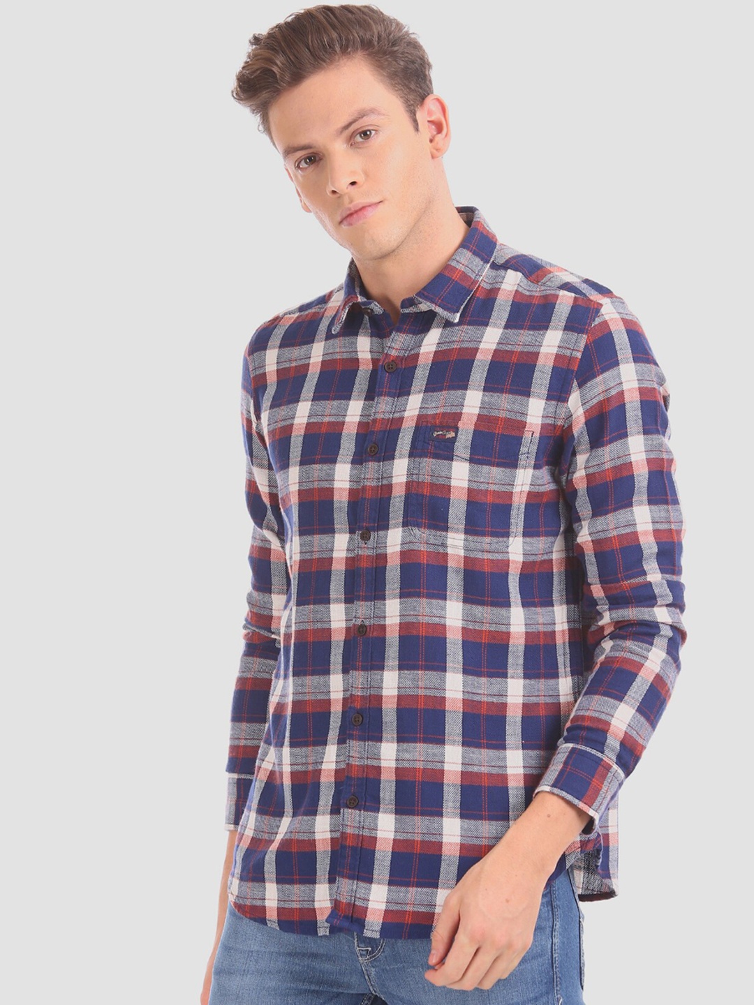 

U.S. Polo Assn. Denim Co. Men Navy Blue & Rust Regular Fit Checked Casual Shirt