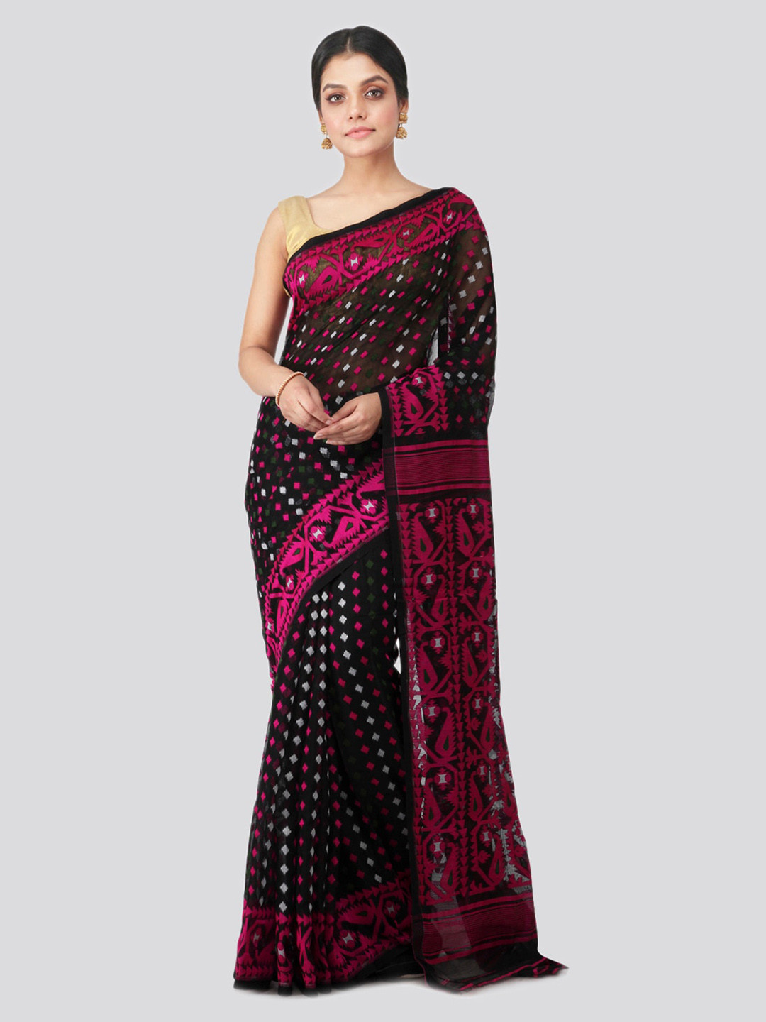 

PinkLoom Black & Pink Pure Cotton Woven Design Handloom Jamdani Sustainable Saree