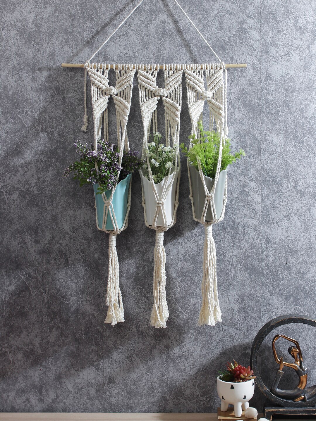 

Aapno Rajasthan White Hand Knotted Hanging Wall Decor for 3 Planters