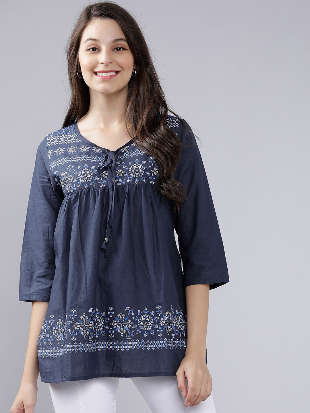 

Mumbai Slang Chic Women Navy Blue Printed A-Line Top