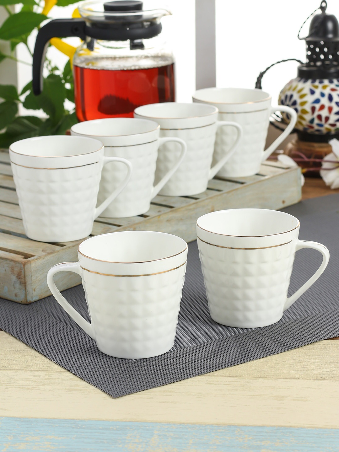 

CLAY CRAFT White & Gold Toned 6 Pieces Glossy Ceramic Cups - 180 ml Each