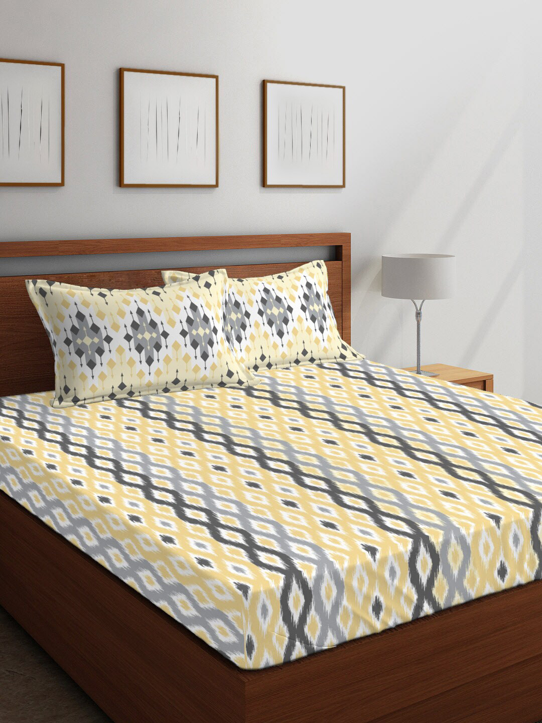

Layers Unisex Beige & Grey Geometric Printed 144 TC 100% Cotton Queen Size Bedsheet With 2 Pillow Covers