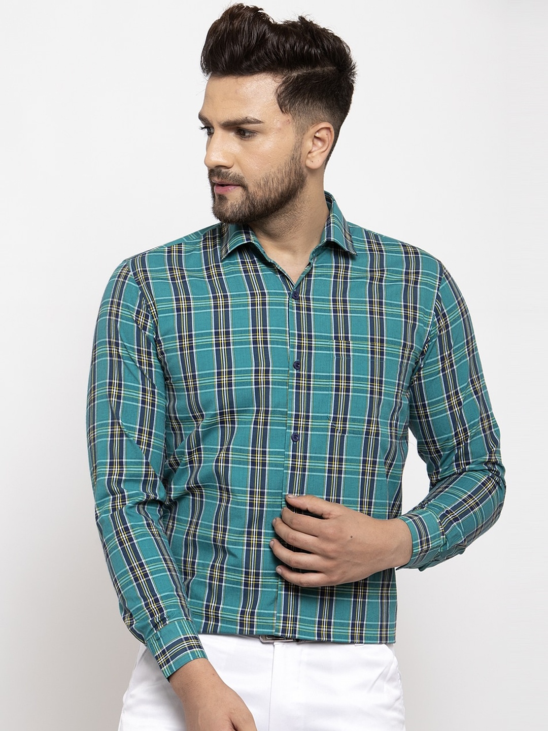 

JAINISH Men Green Smart Regular Fit Checked Formal Shirt