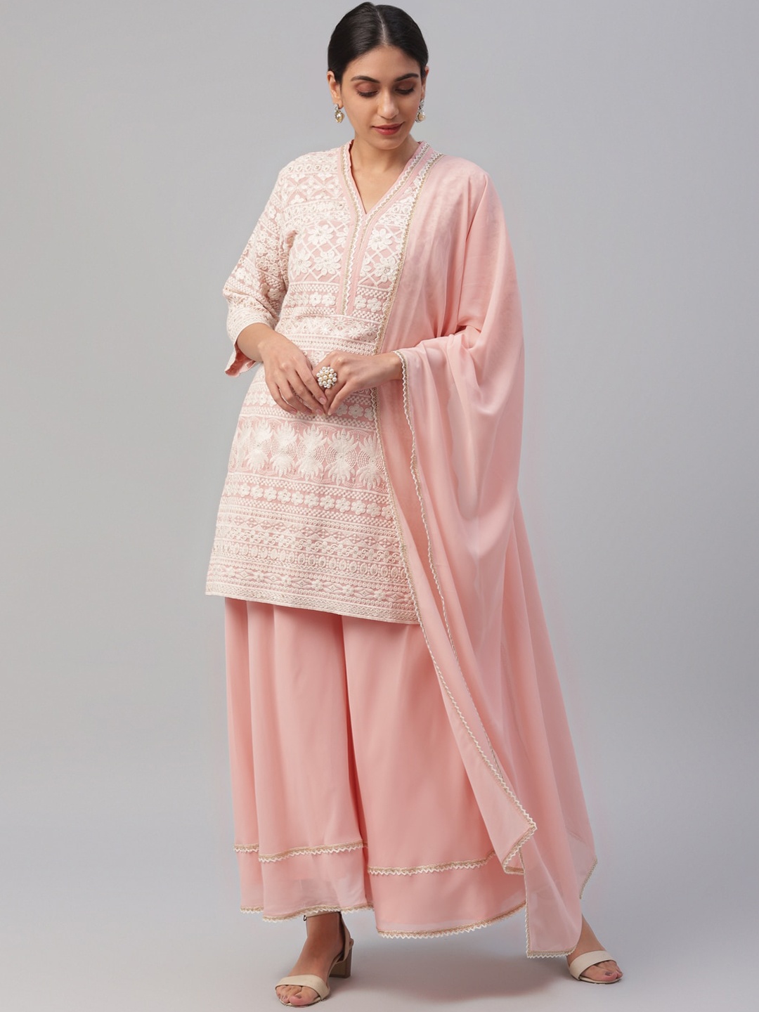 

Libas Women Pink Embroidered Kurti with Palazzos & Dupatta