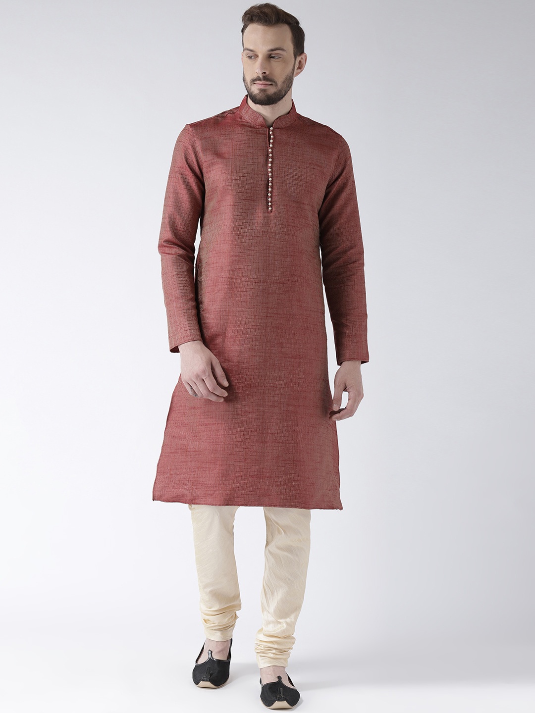LAMAAYA Men Maroon Thread Work Handloom Kurta