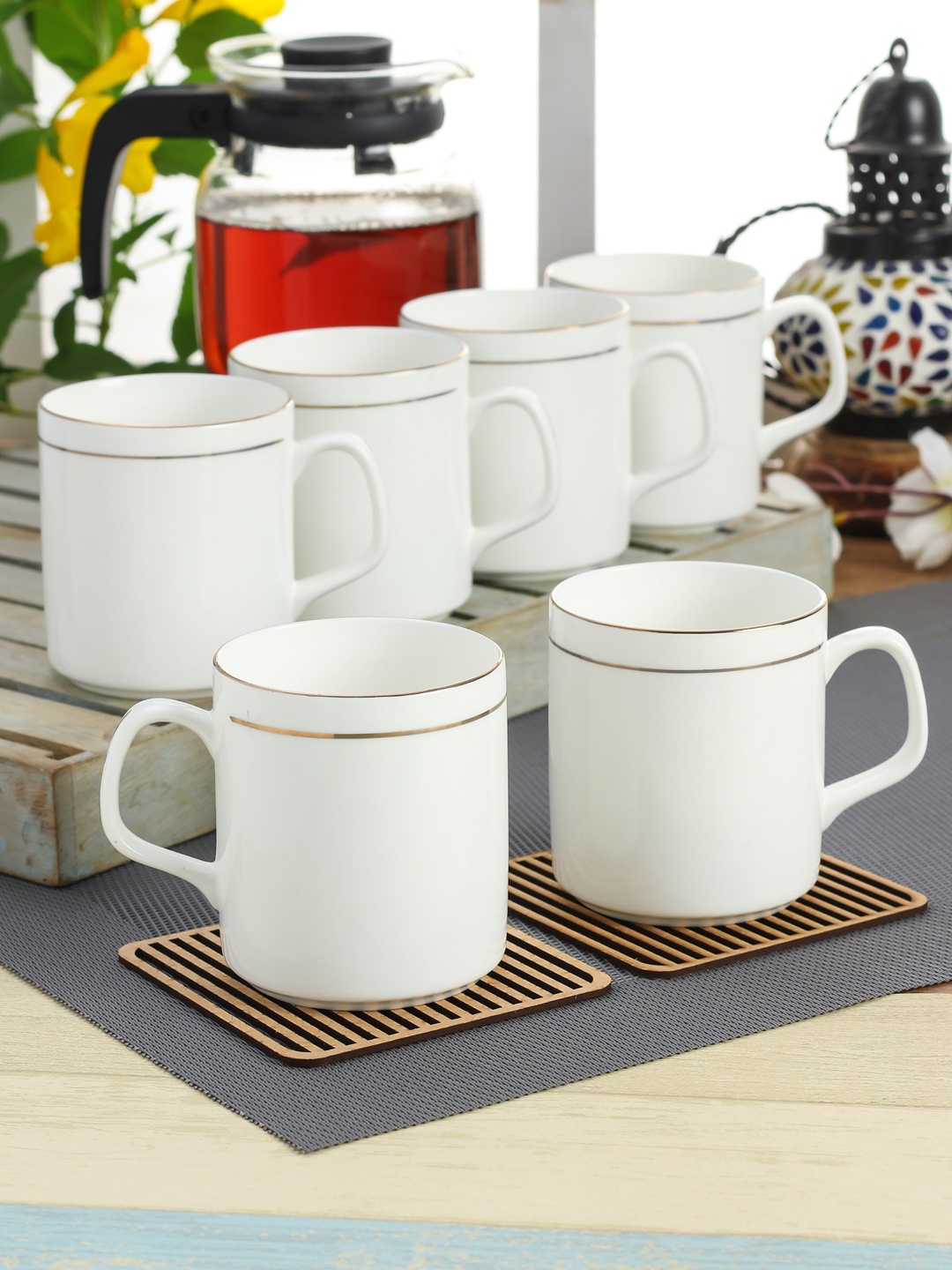

CLAY CRAFT White & Gold Toned 6 Pieces Glossy Ceramic Cups - 180 ml Each